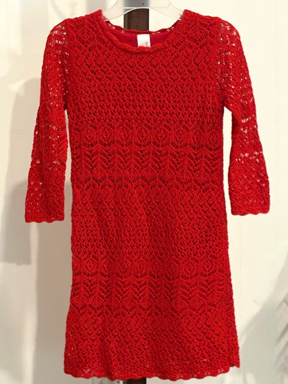 Cat & Jack Red Sweater Dress, Crochet Knit 3/4 Sleeve, Size L (10/12)